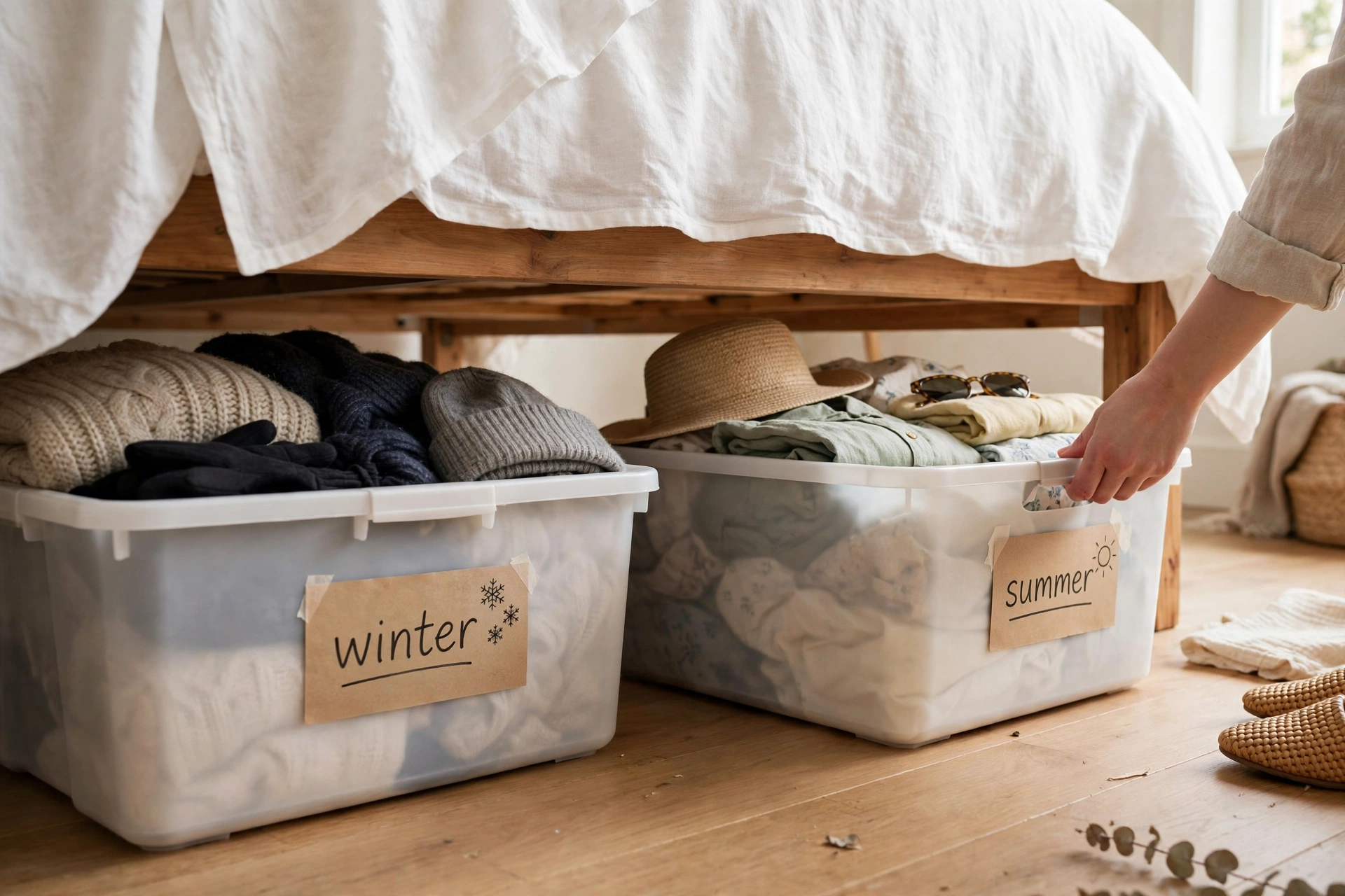 Seasonal clothing bins labeled winter and summer being swapped under a bed