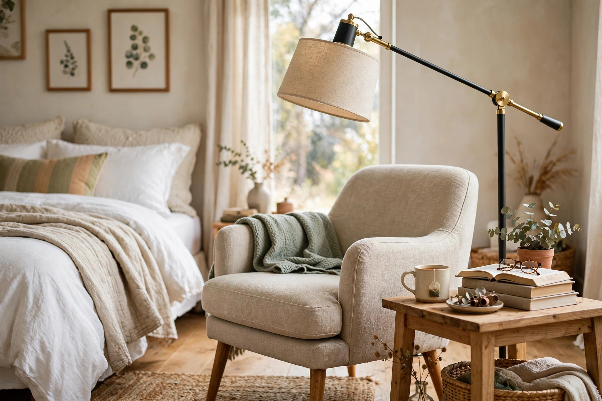 Swing-arm floor lamp adjusted over a bedroom reading chair and side table