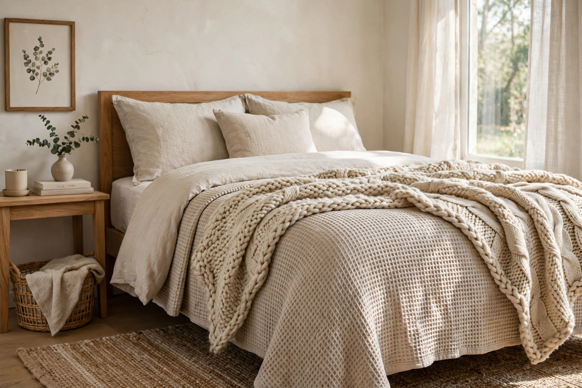Waffle-weave coverlet layered with a chunky knit throw on a neutral bed
