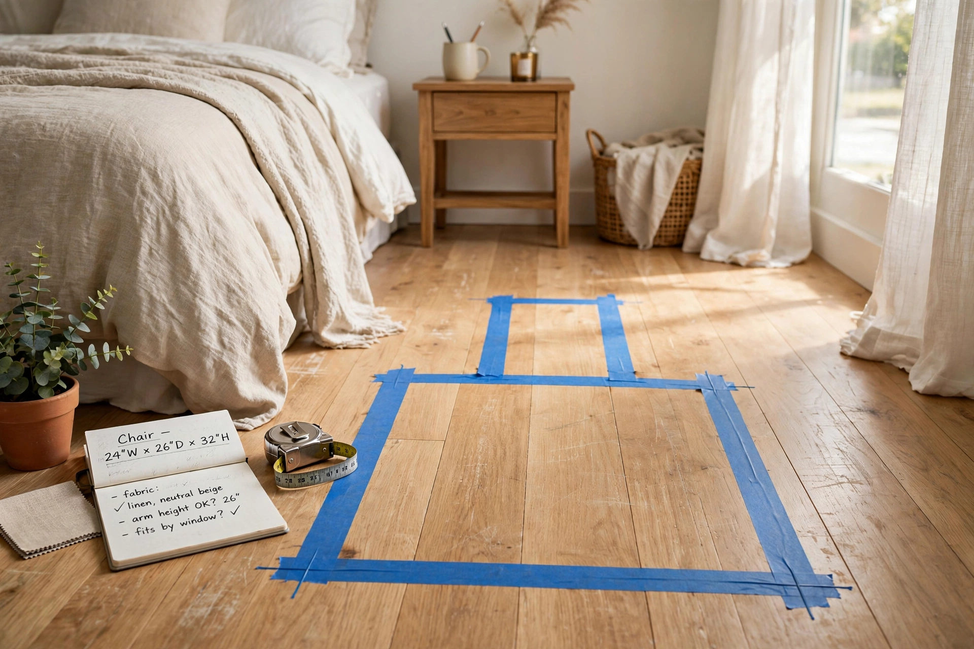 Painter's tape marking a chair footprint on a bedroom floor before buying