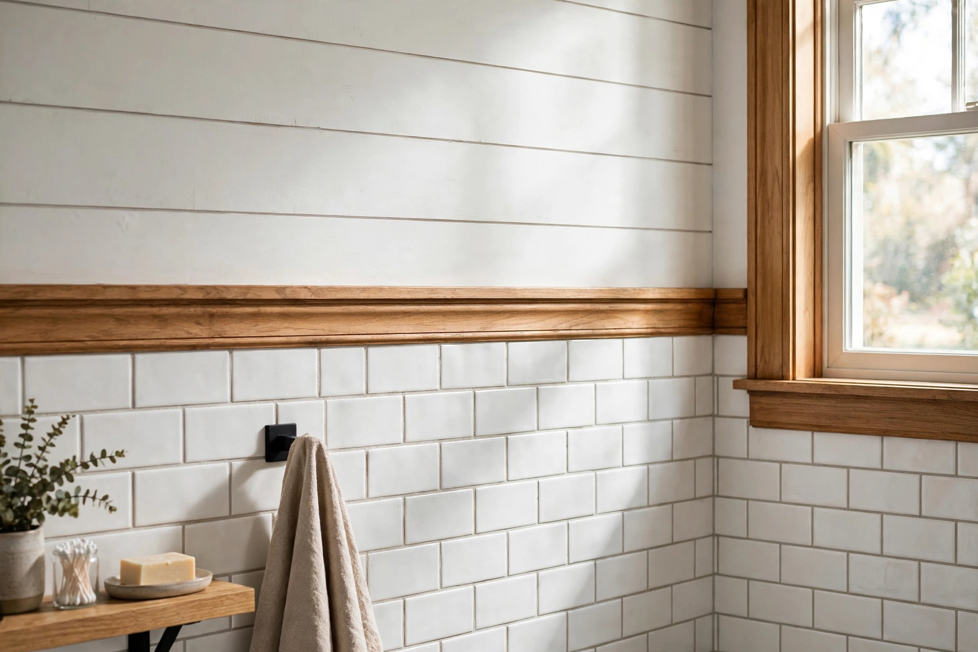 Bathroom wall combining white subway tile and shiplap with wood trim transition