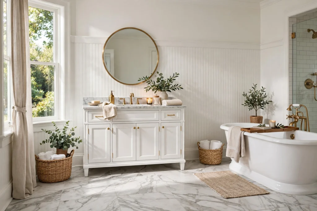 White beadboard walls paired with marble-look tile floor in an elegant bathroom