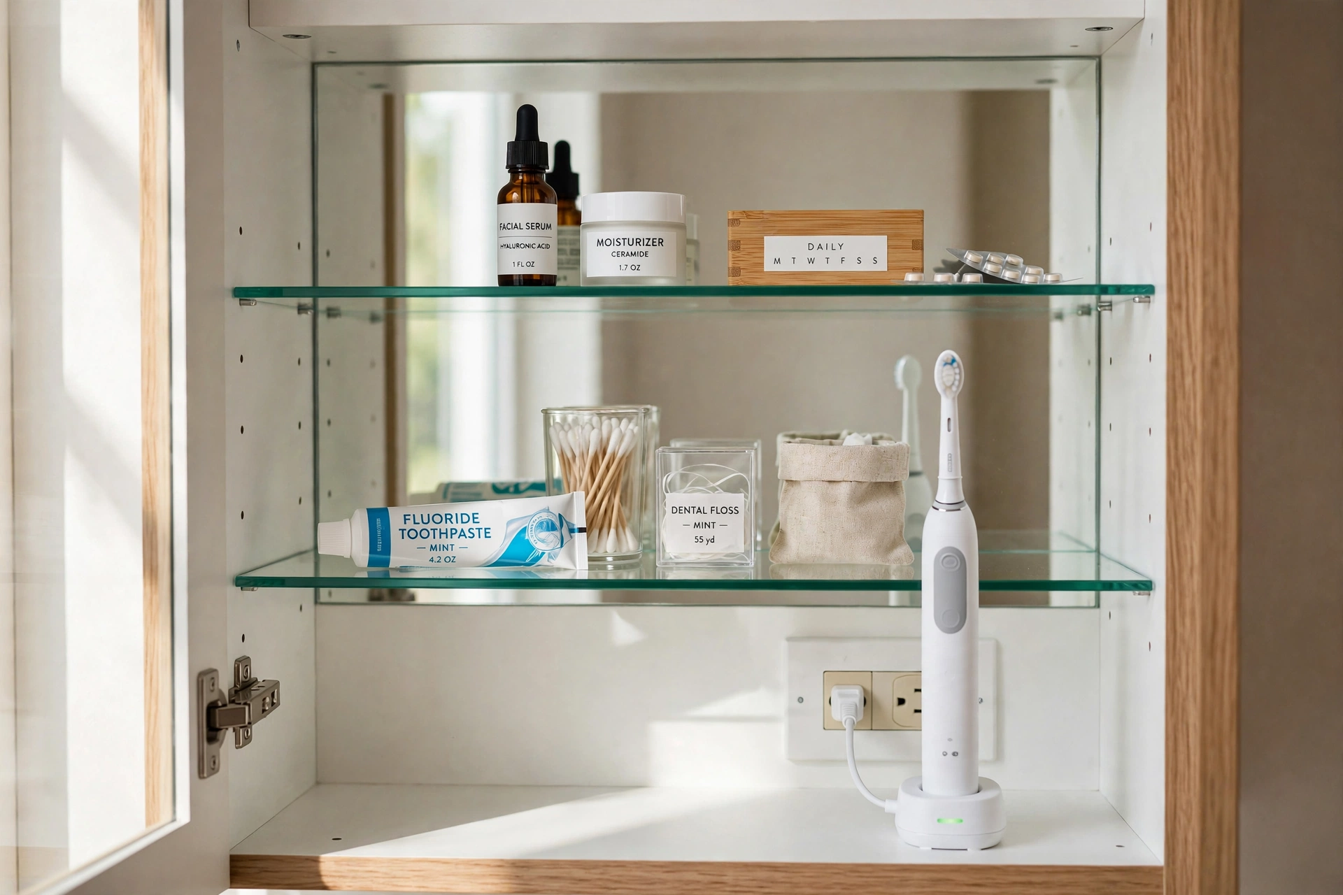Medicine cabinet interior with built-in outlet charging an electric toothbrush