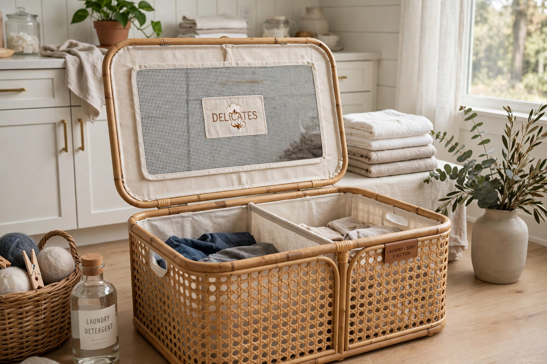 Divided laundry hamper with mesh delicates section in the lid