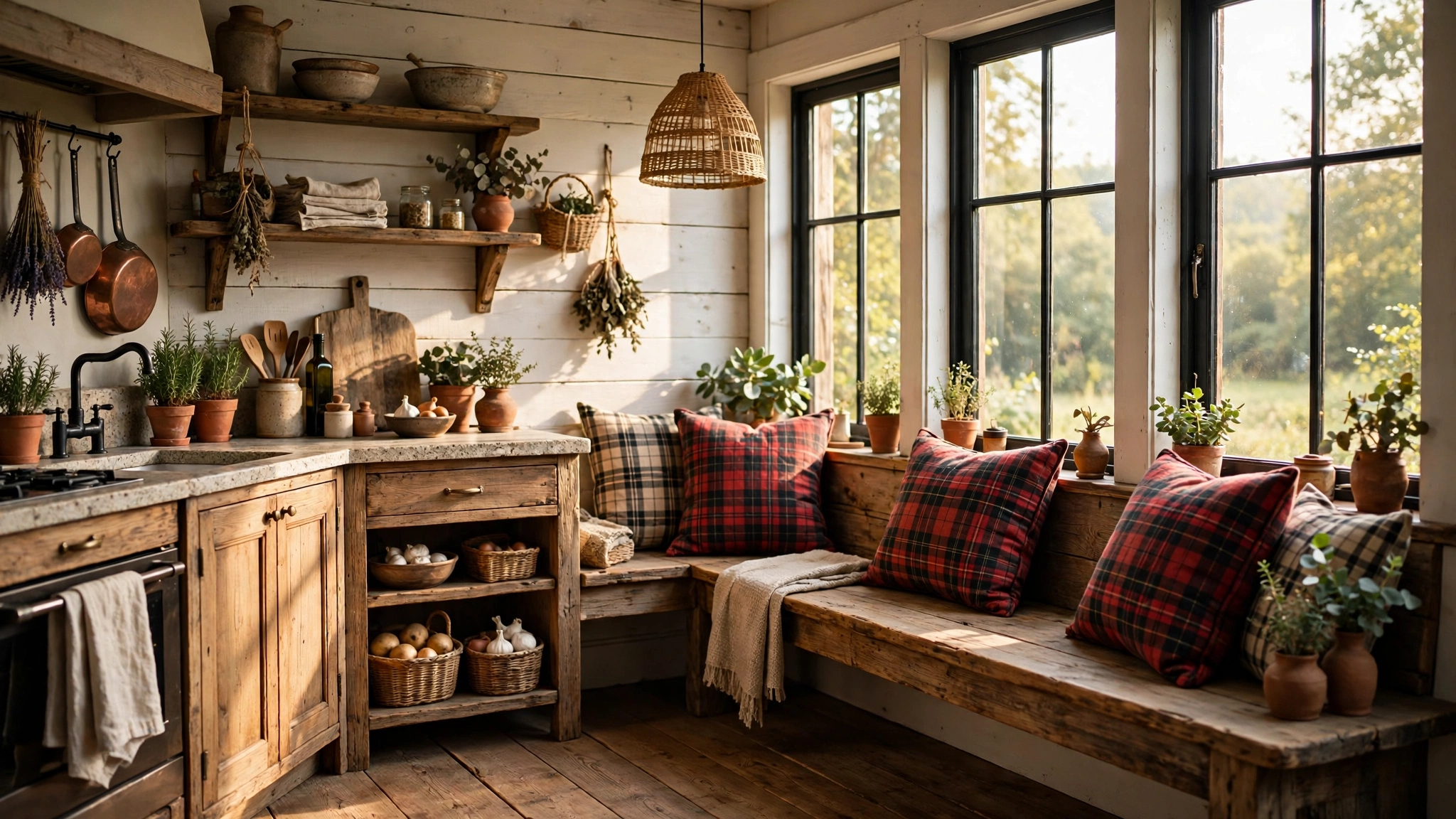Cozy breakfast nook with wooden bench and plaid cushions in a rustic kitchen