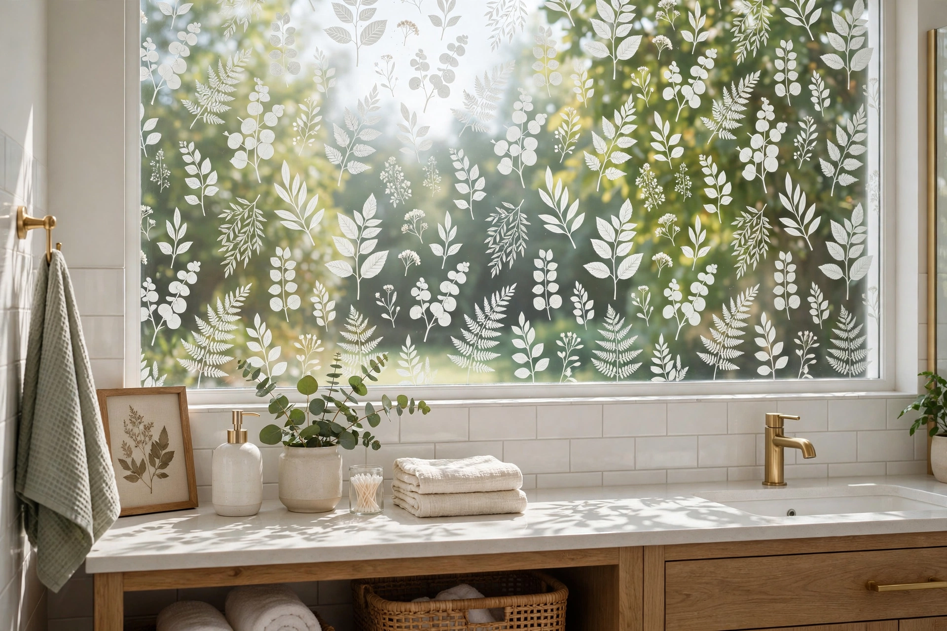 Botanical-pattern decorative window film on a bathroom window