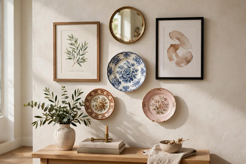 Mixed gallery wall combining decorative plates with framed art and a small mirror