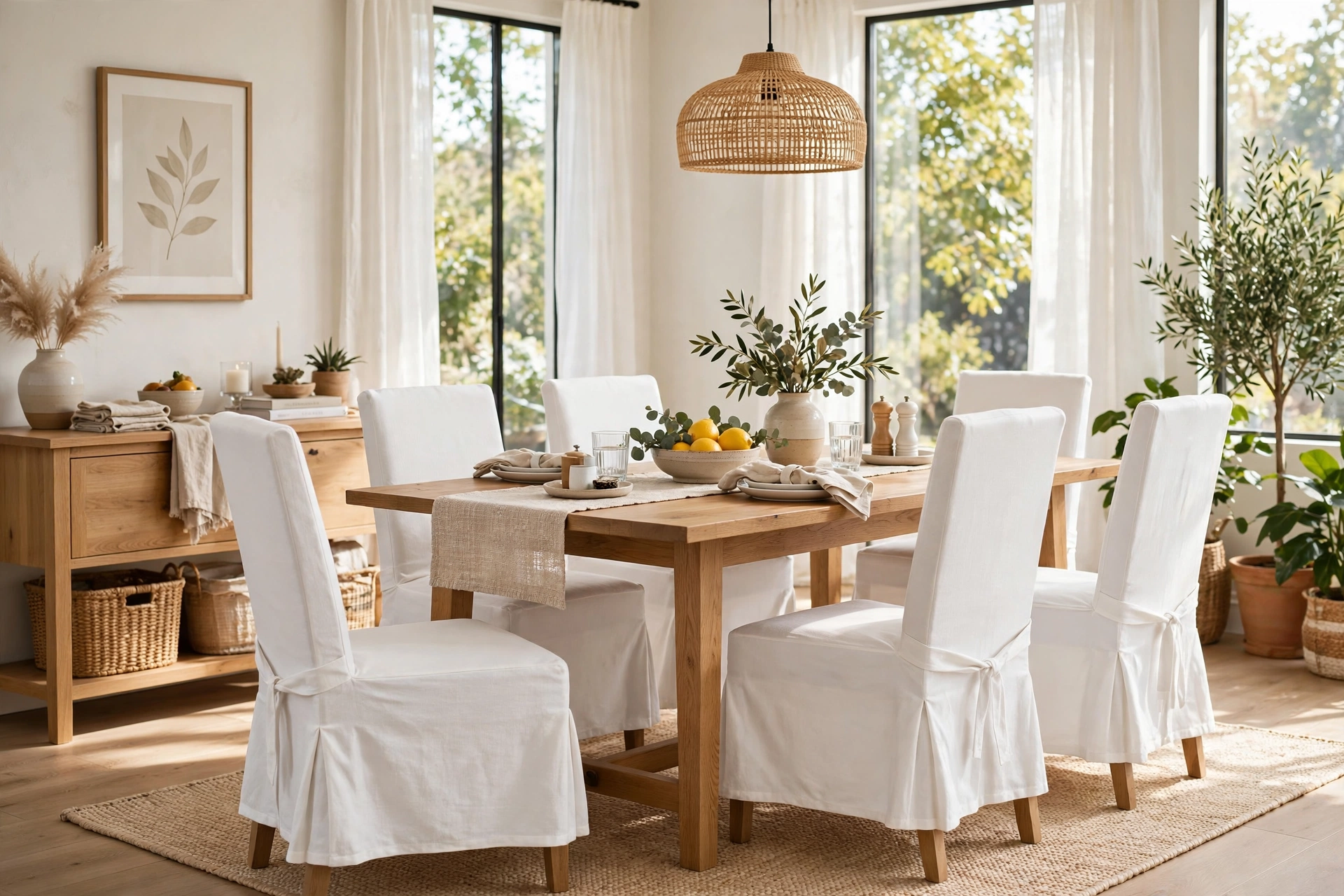 Bright dining room with crisp white washable slipcovers on all dining chairs