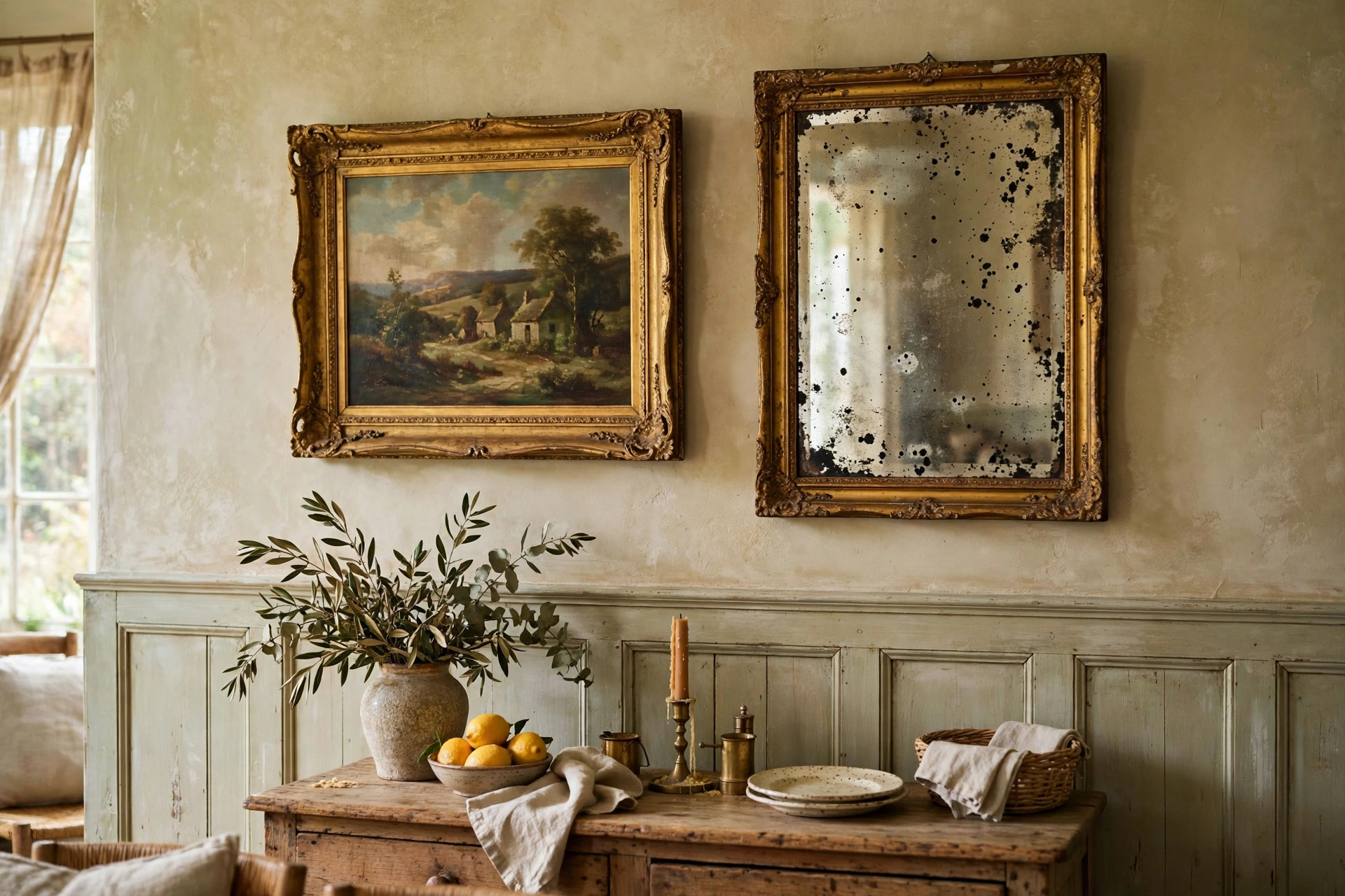 Gilt-framed oil painting and foxed antique mirror on a vintage dining wall