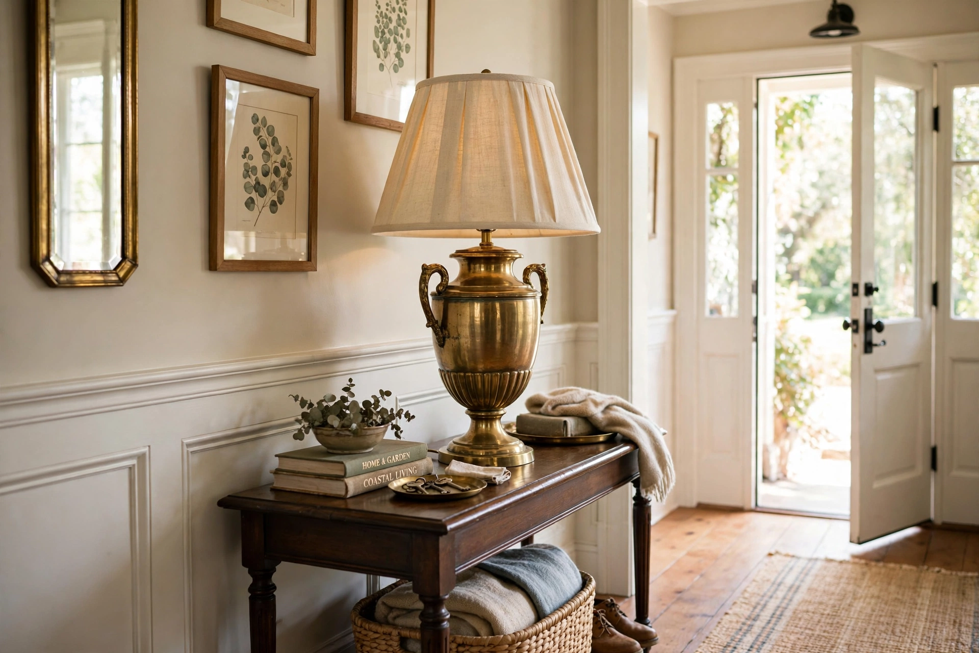 Classic brass urn lamp with fabric shade in a traditional wainscoted entryway