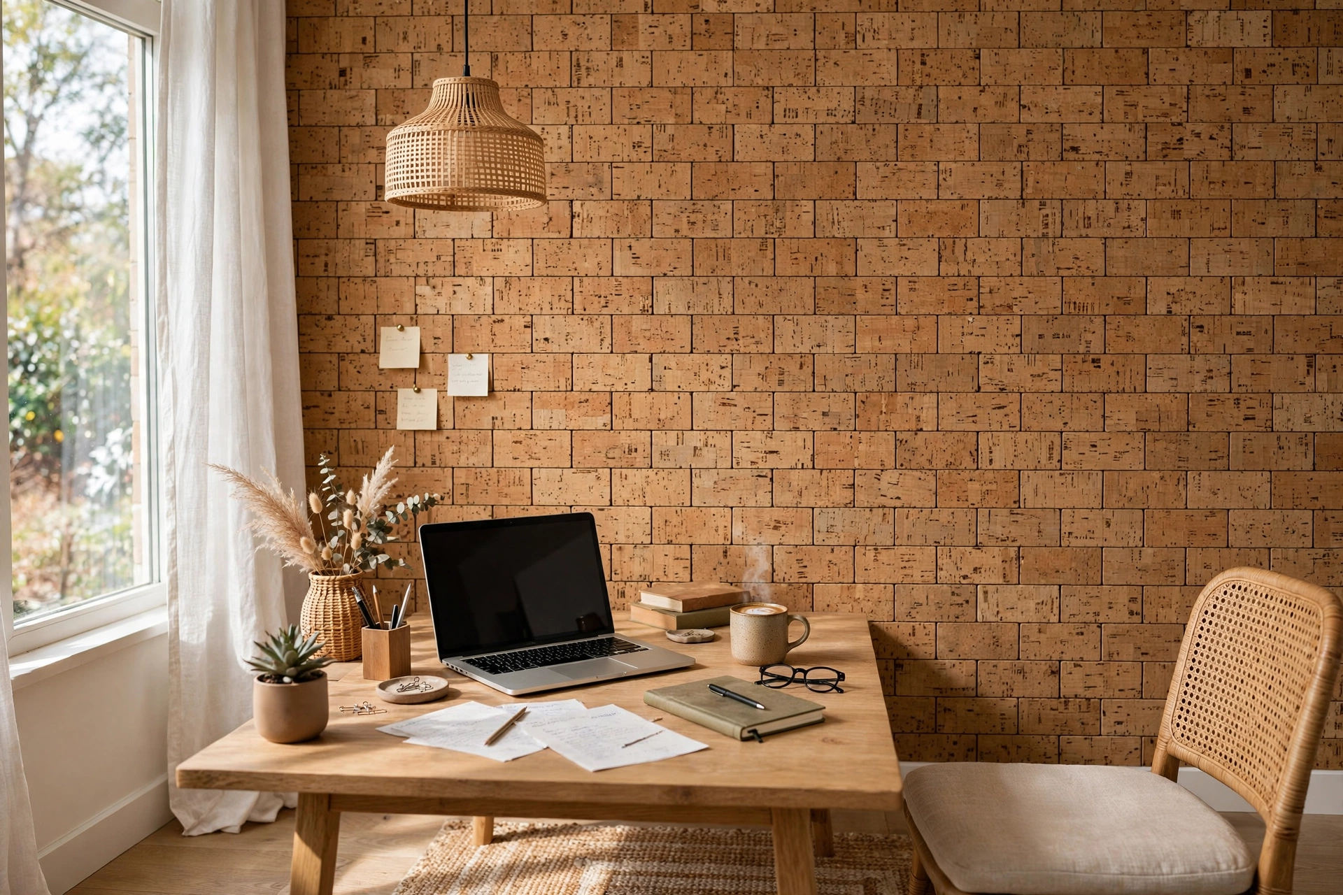 Natural cork wall tiles arranged in a brick pattern in a home office