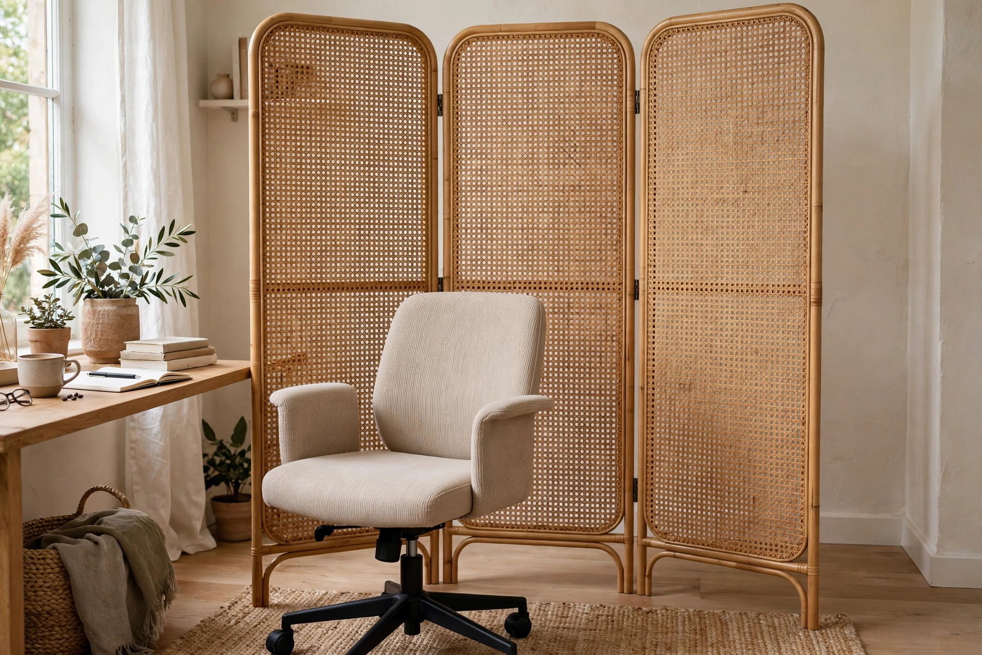 Cane folding screen creating a backdrop behind a home office chair
