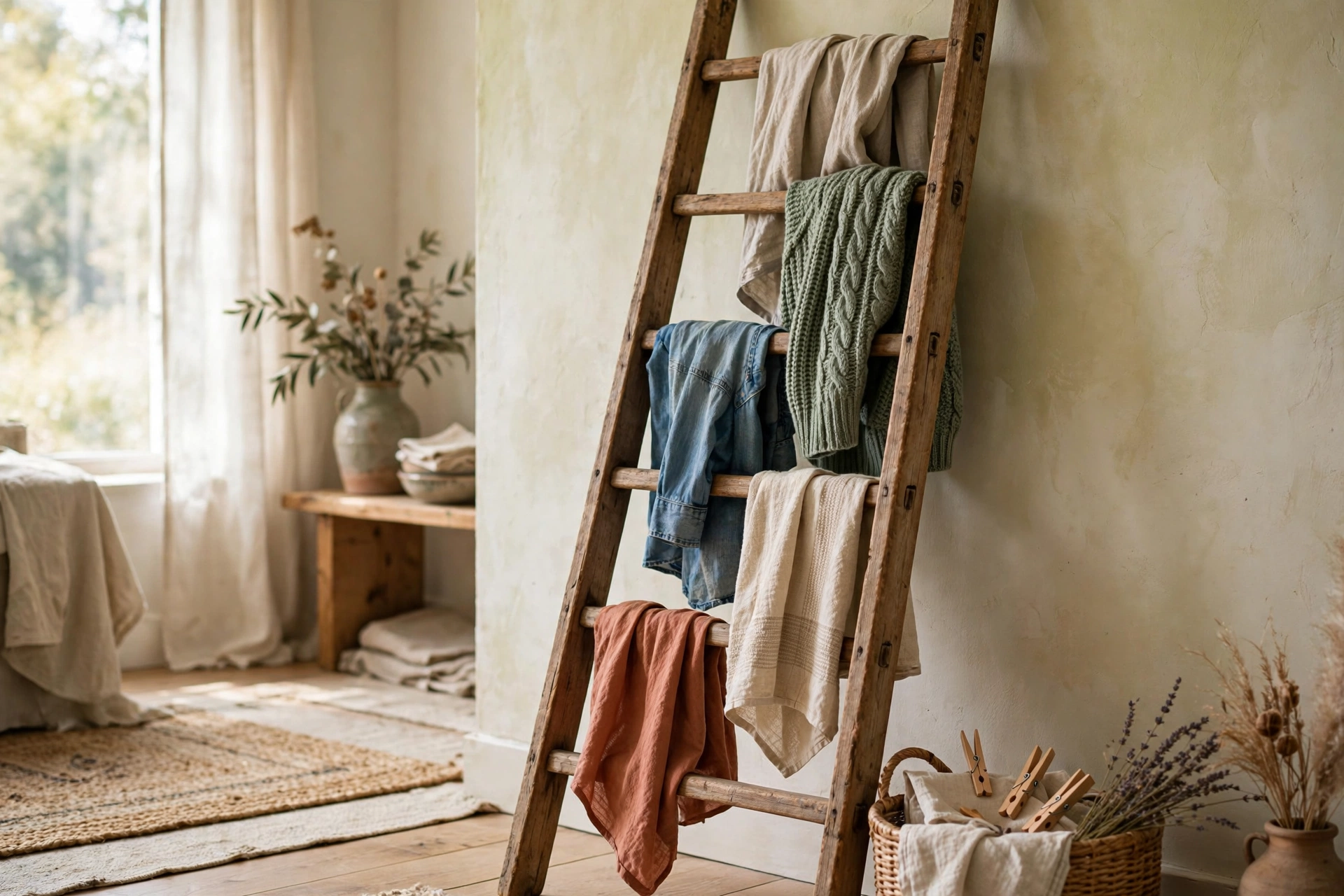 Wooden ladder leaning on a wall used as a rustic drying rack