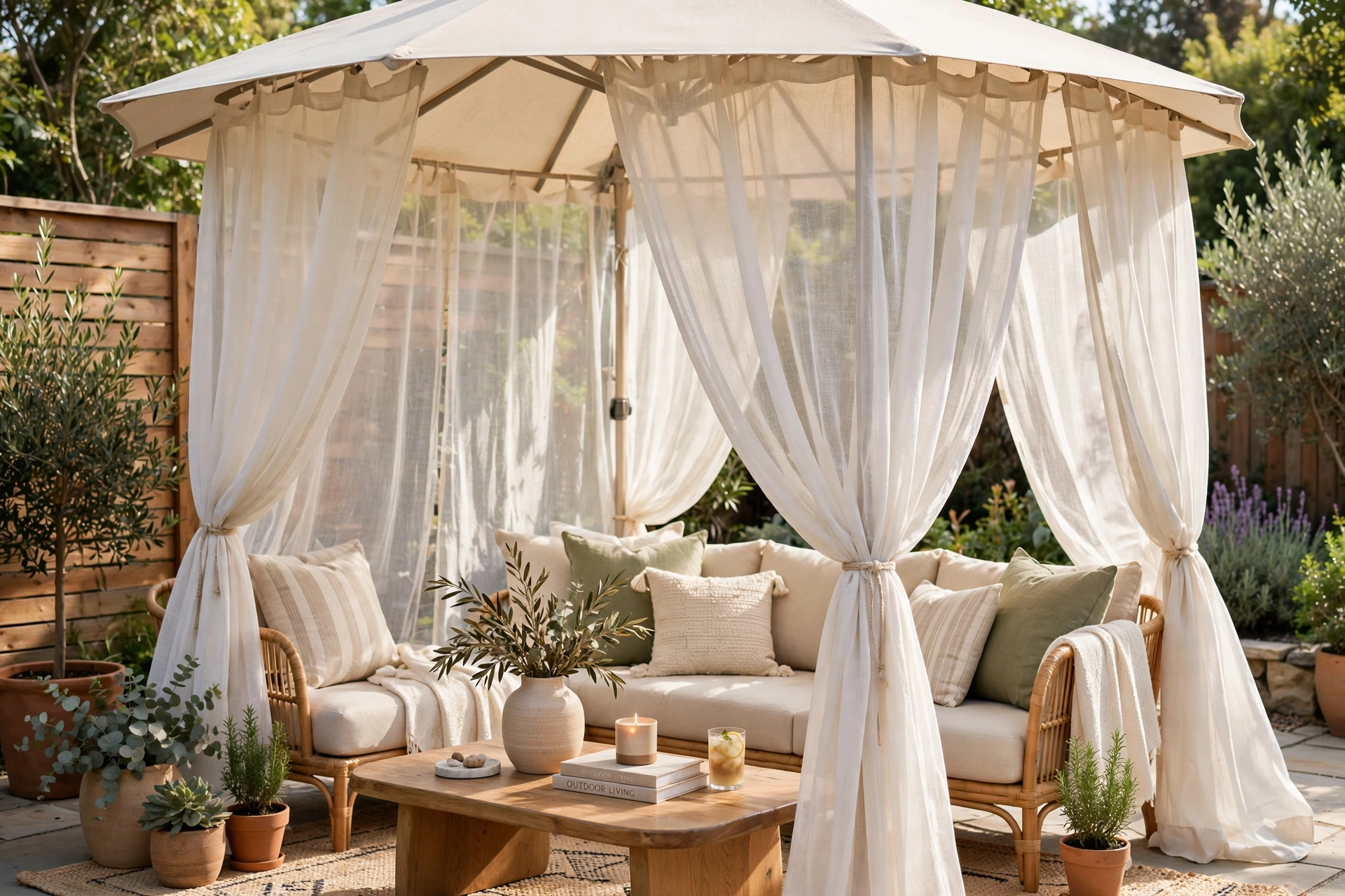 Patio umbrella styled with sheer outdoor curtains like a cabana