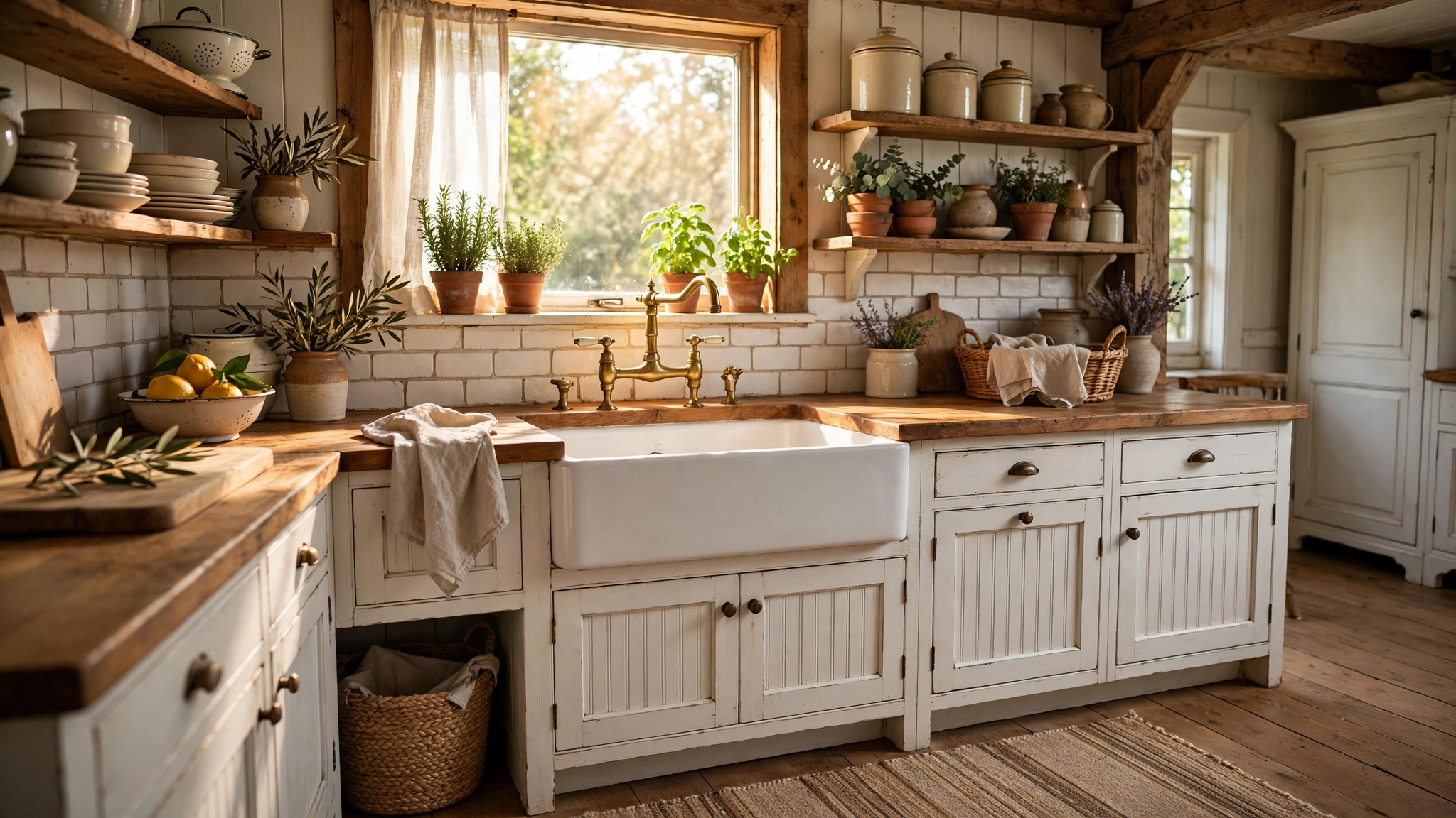 White farmhouse sink with bridge faucet in a vintage kitchen