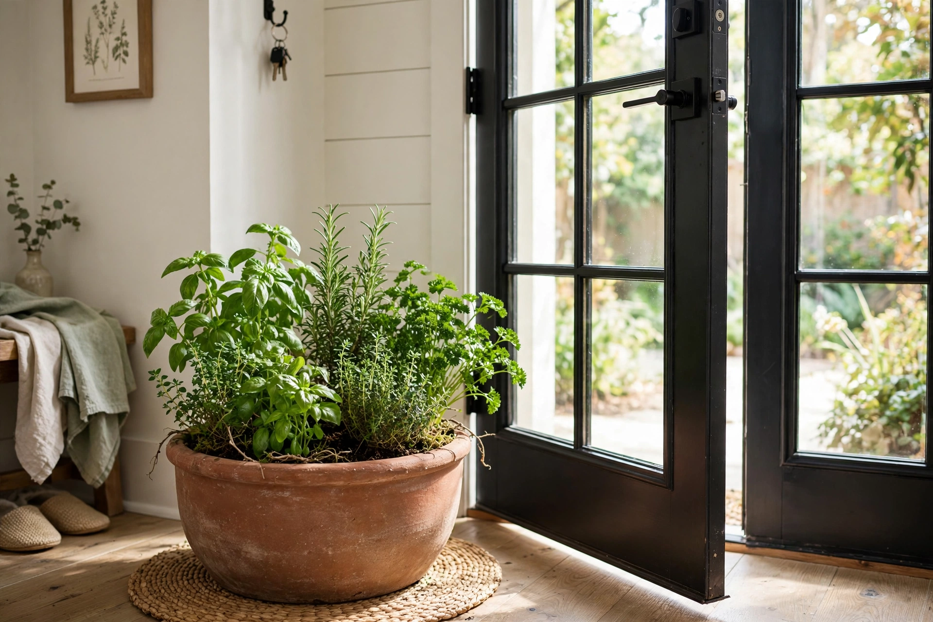 Round planter of fresh kitchen herbs beside a back door