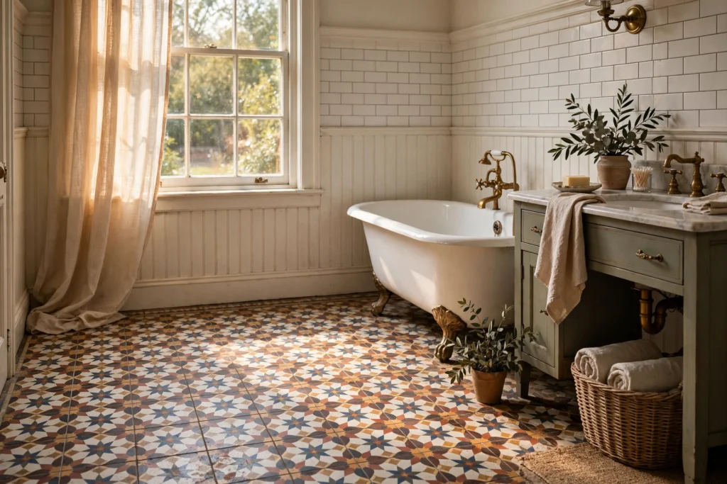 Vintage inspired patterned encaustic floor tile in a classic bathroom