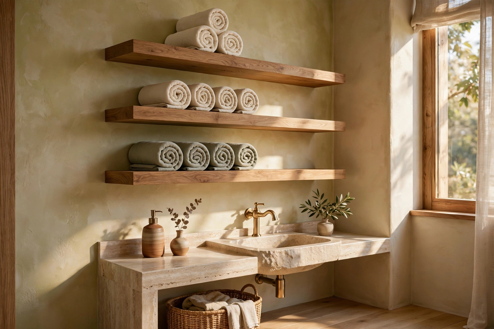 Floating wooden shelves with rolled towels in a powder room