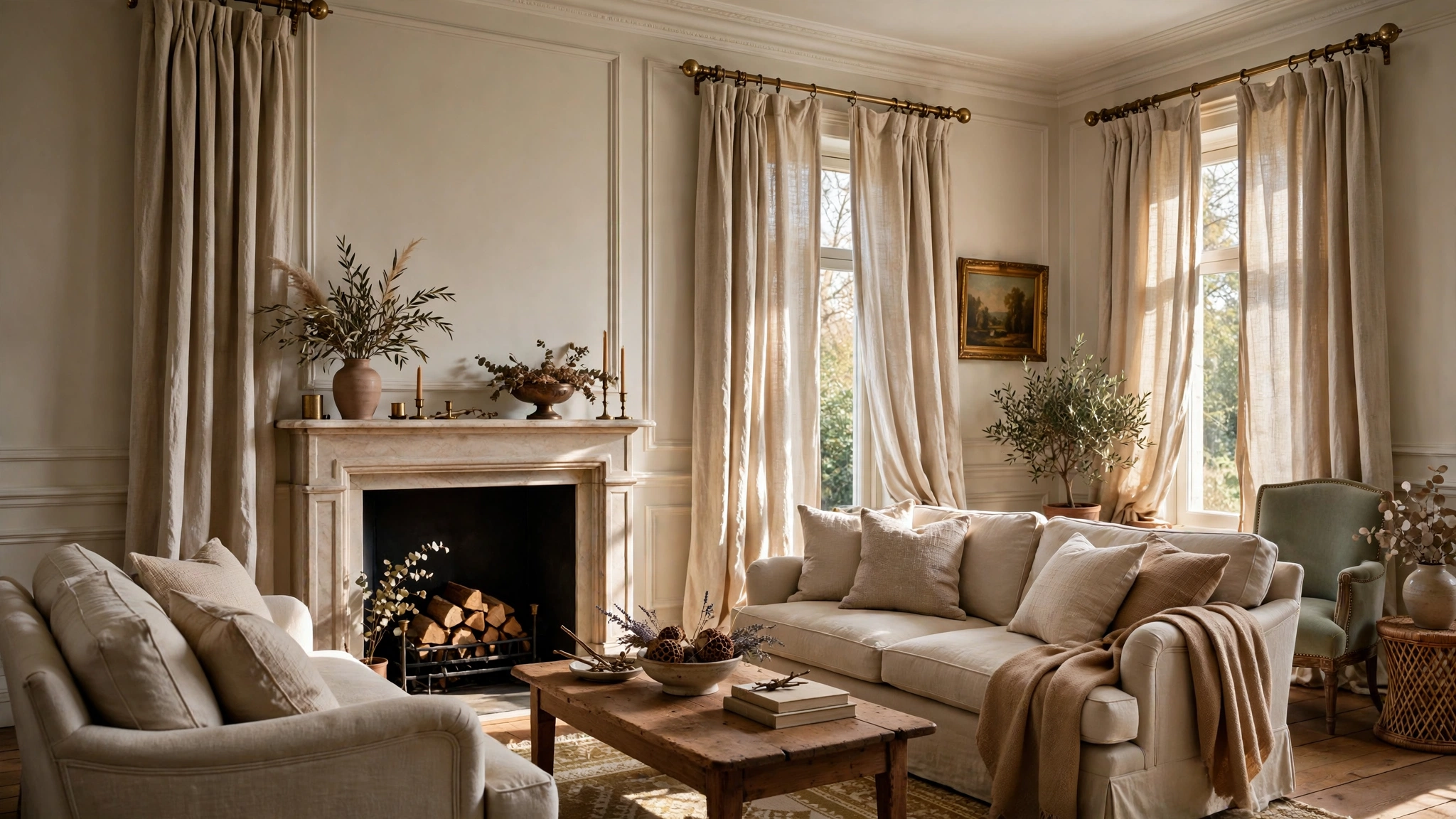 Heavy linen curtains with vintage brass rods in a classic living room