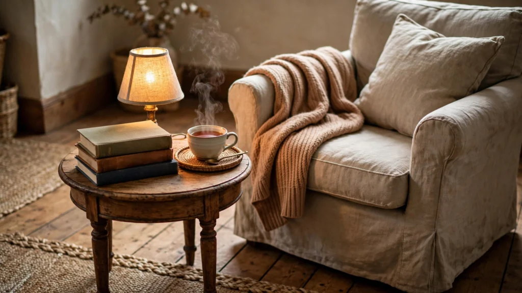 Reading nook side table with books, teacup and small lamp beside an armchair