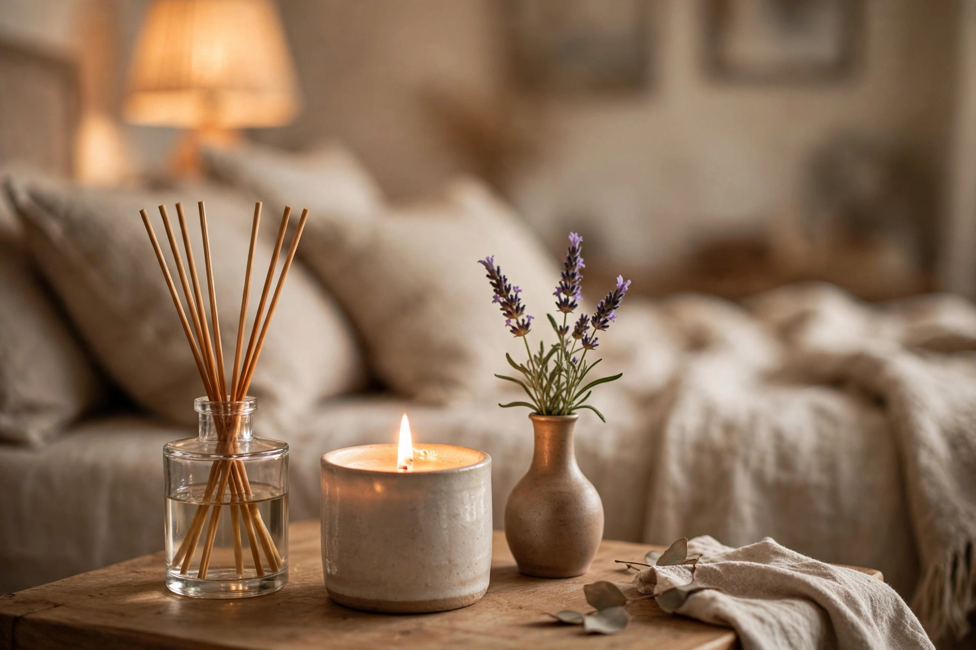 Guest bedroom design ideas with a reed diffuser and scented candle on a side table