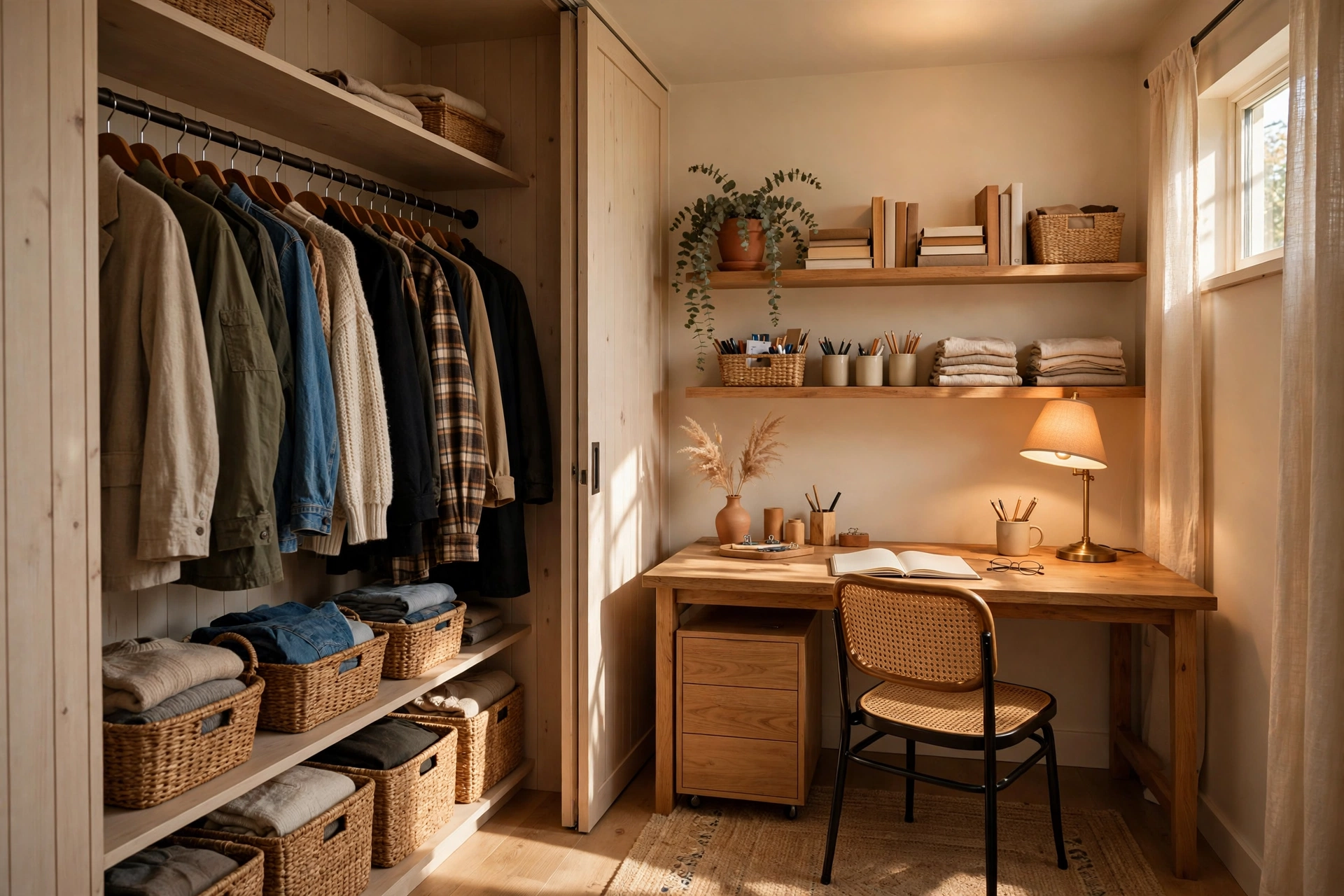 Walk-in closet office sharing space with hanging clothes, desk zone on one side