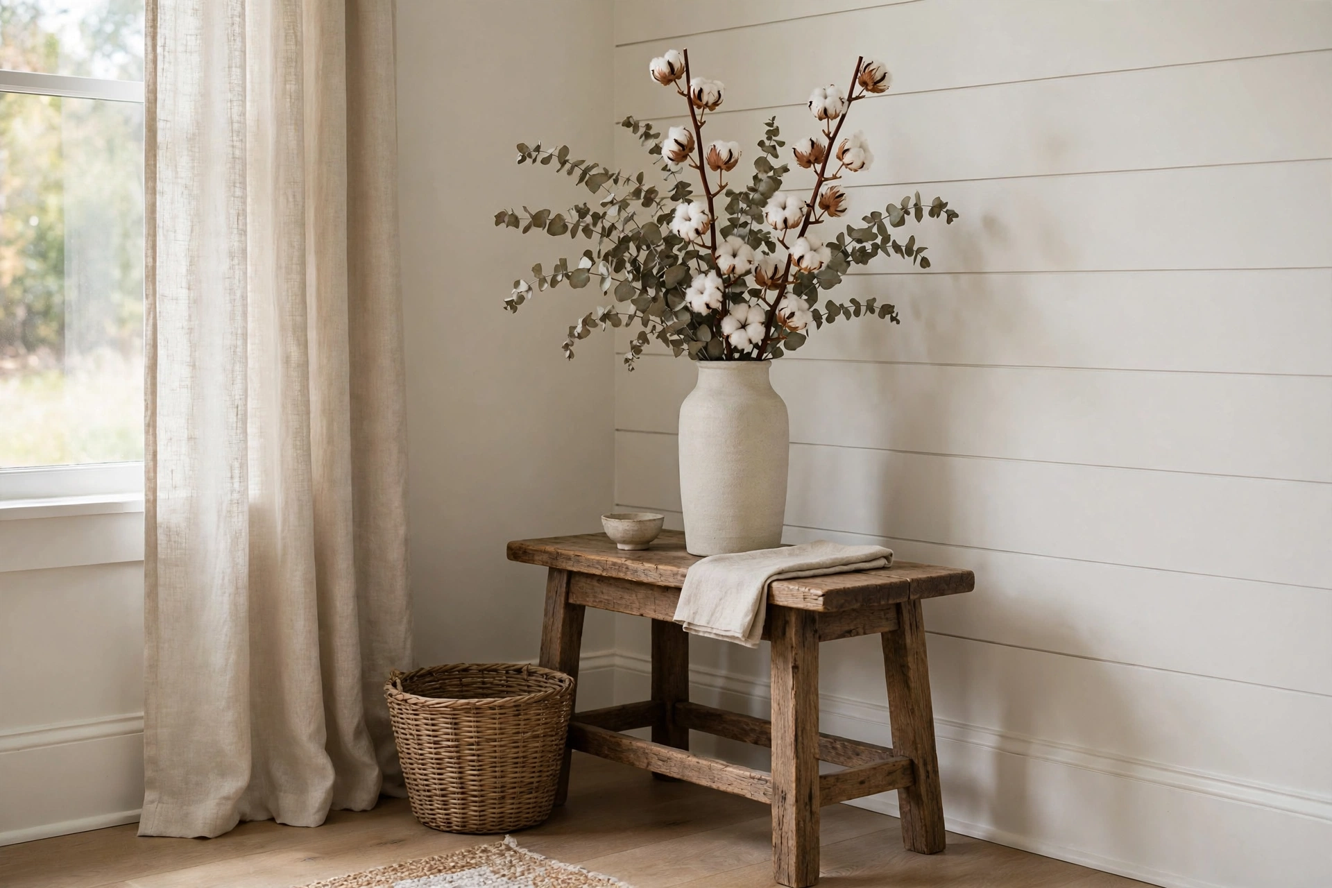 Dried eucalyptus and cotton stems in a vase on a rustic farmhouse side table