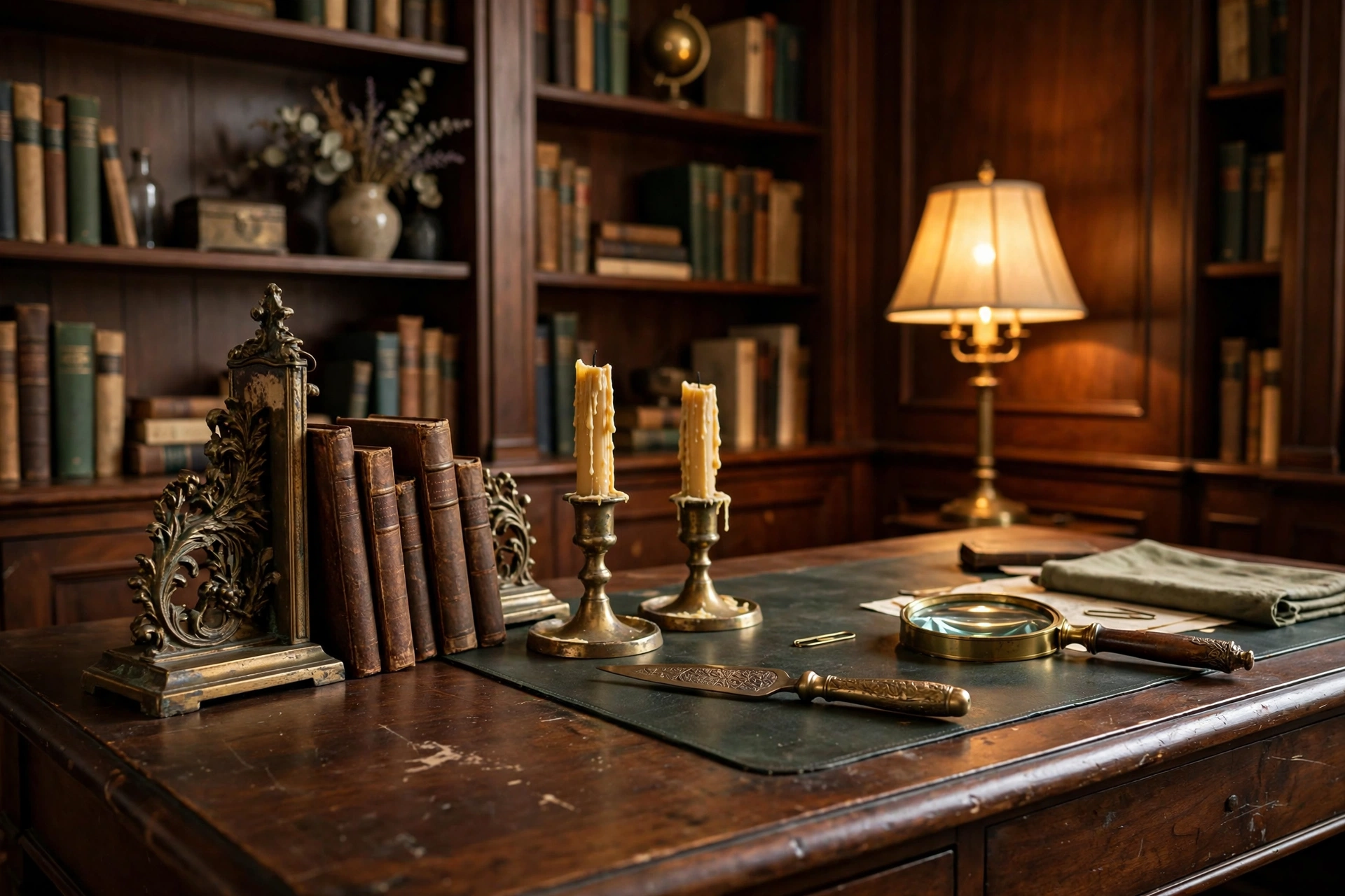 Antique brass desk accessories — bookends, candlesticks and letter opener — on a walnut desk