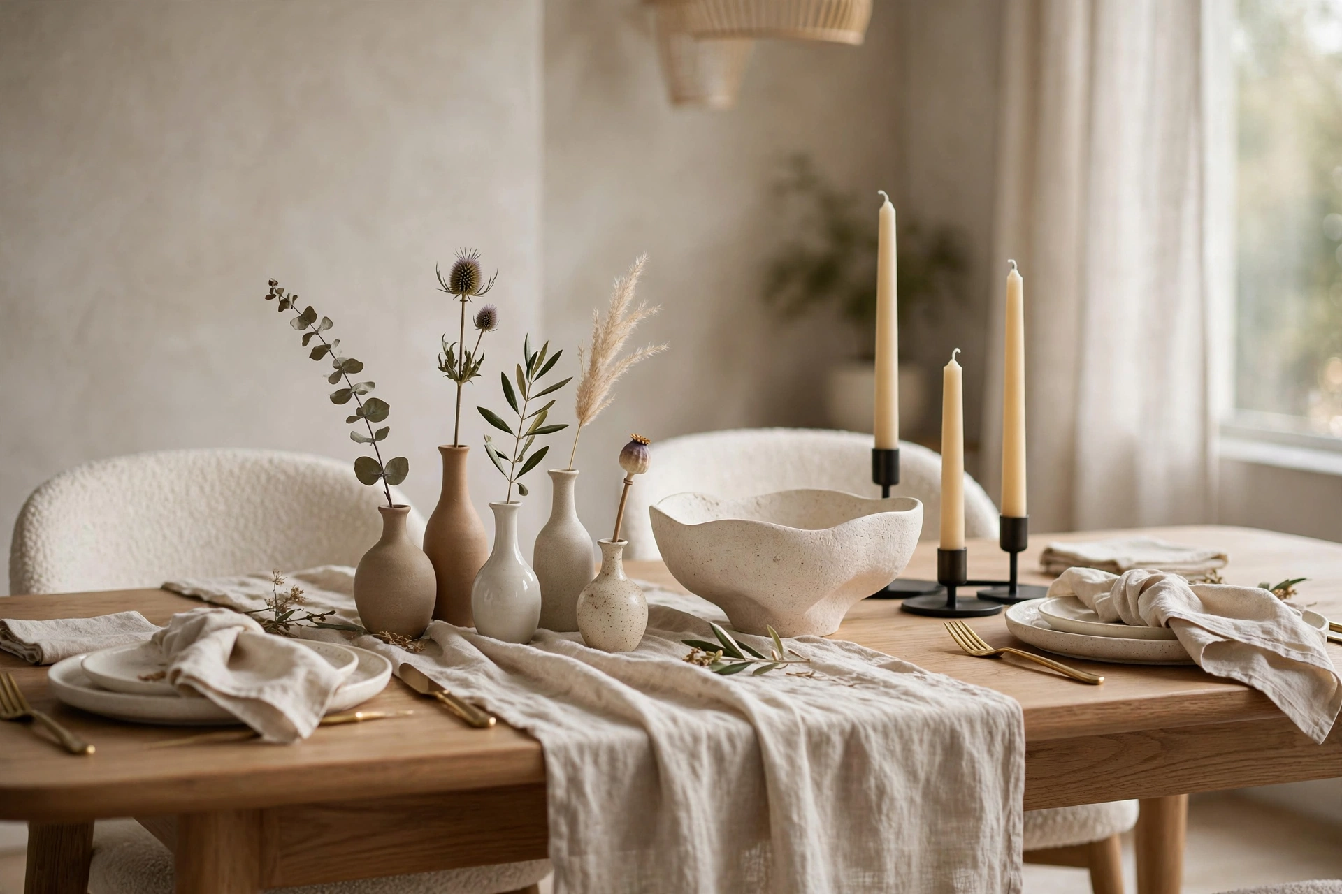 Modern dining table styled with a runner, bud vases, and taper candles