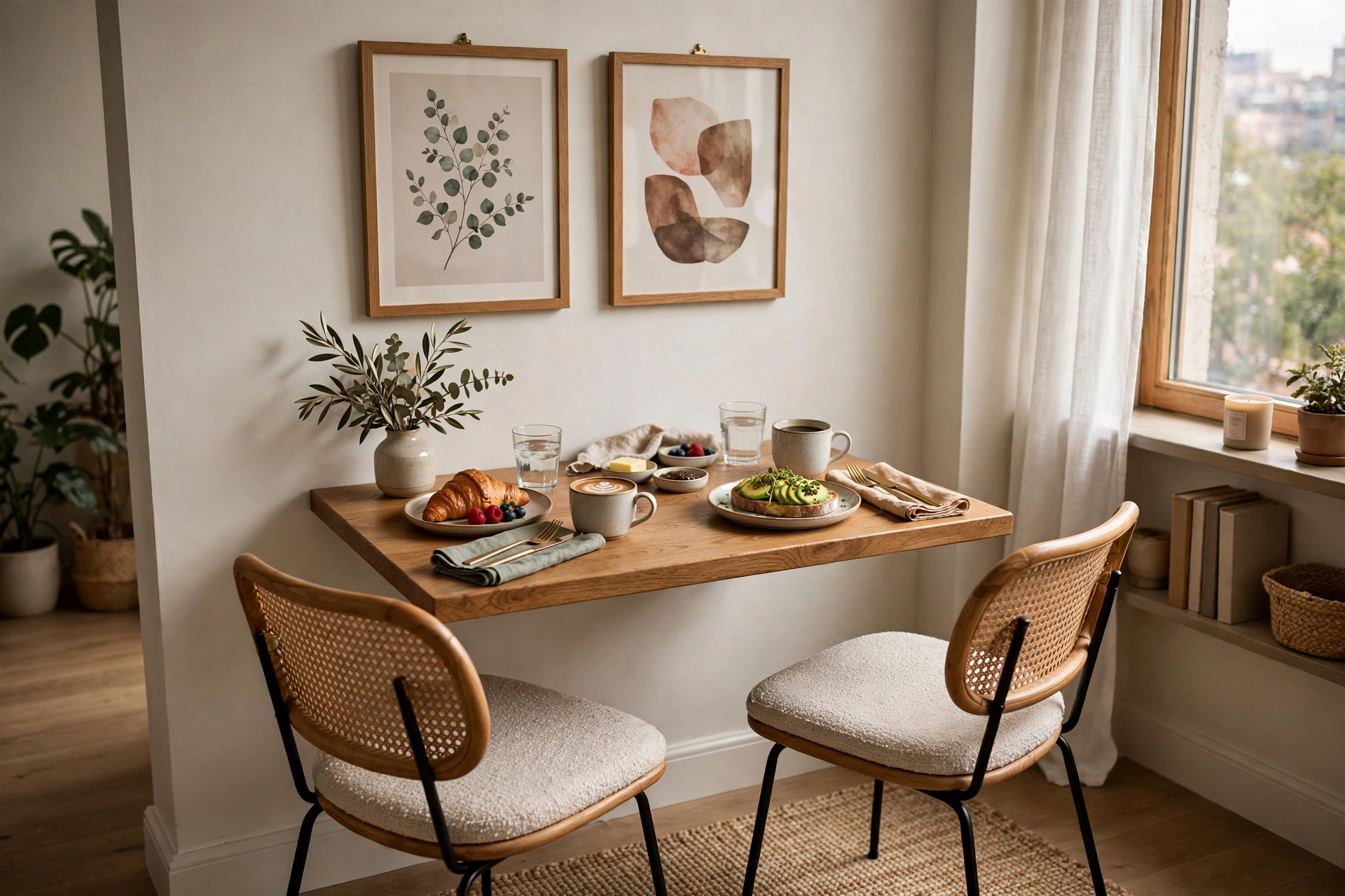 Small dining table pushed against a wall with art above, set for two