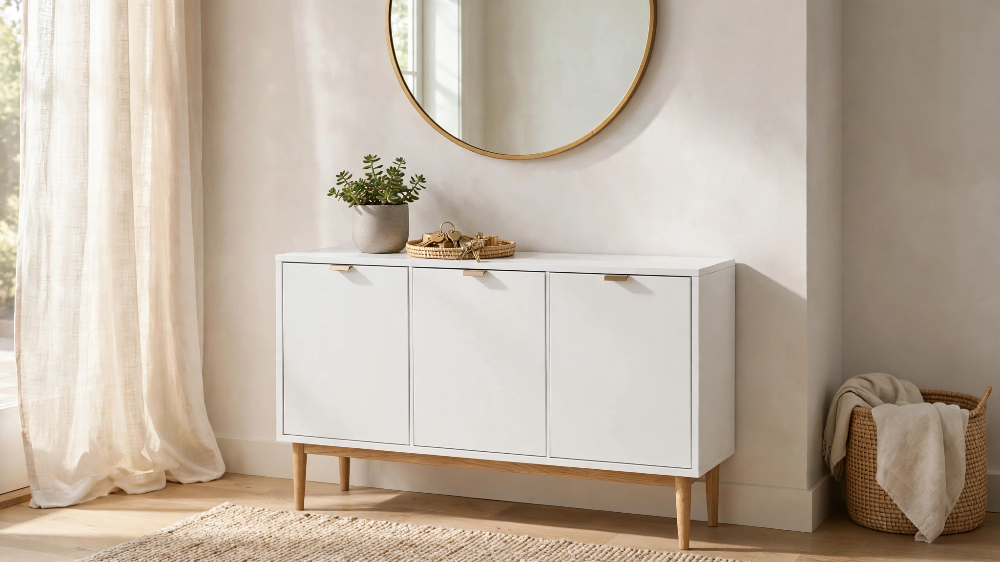 Slim white shoe cabinet styled as a sideboard with a mirror and plant in an entryway