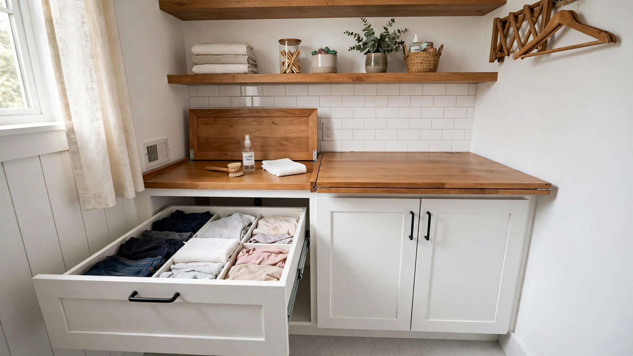 Pull-out laundry hampers built into white base cabinets under a folding counter in a small laundry room
