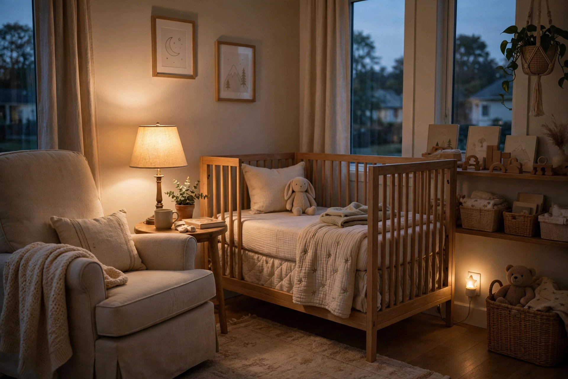 Nursery with warm dimmable lamp, nightlight glow and soft evening light