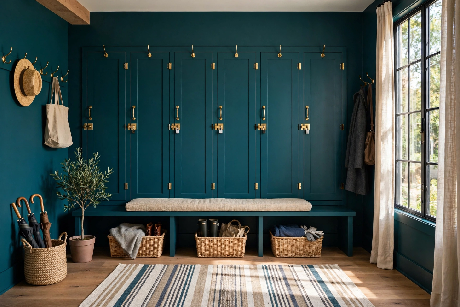 Bold painted mudroom design ideas with deep teal lockers and brass hardware