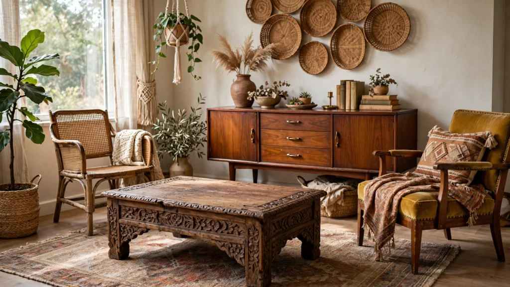 Boho living room design ideas with vintage carved coffee table and secondhand finds