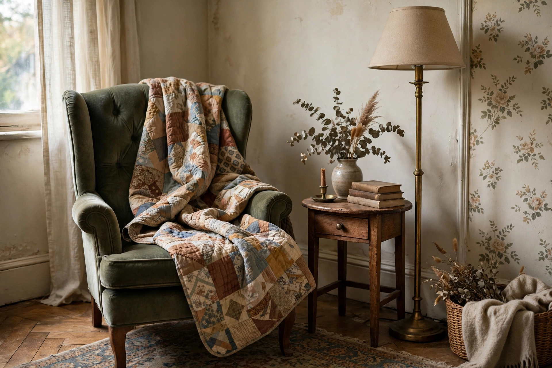 Vintage bedroom design ideas with a wingback reading chair and quilt in the corner