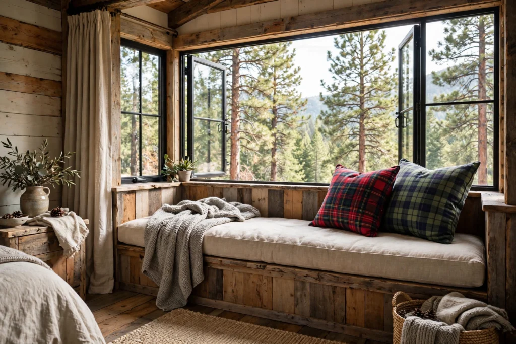Rustic bedroom design ideas with a cozy window seat, plaid pillows and wool throw