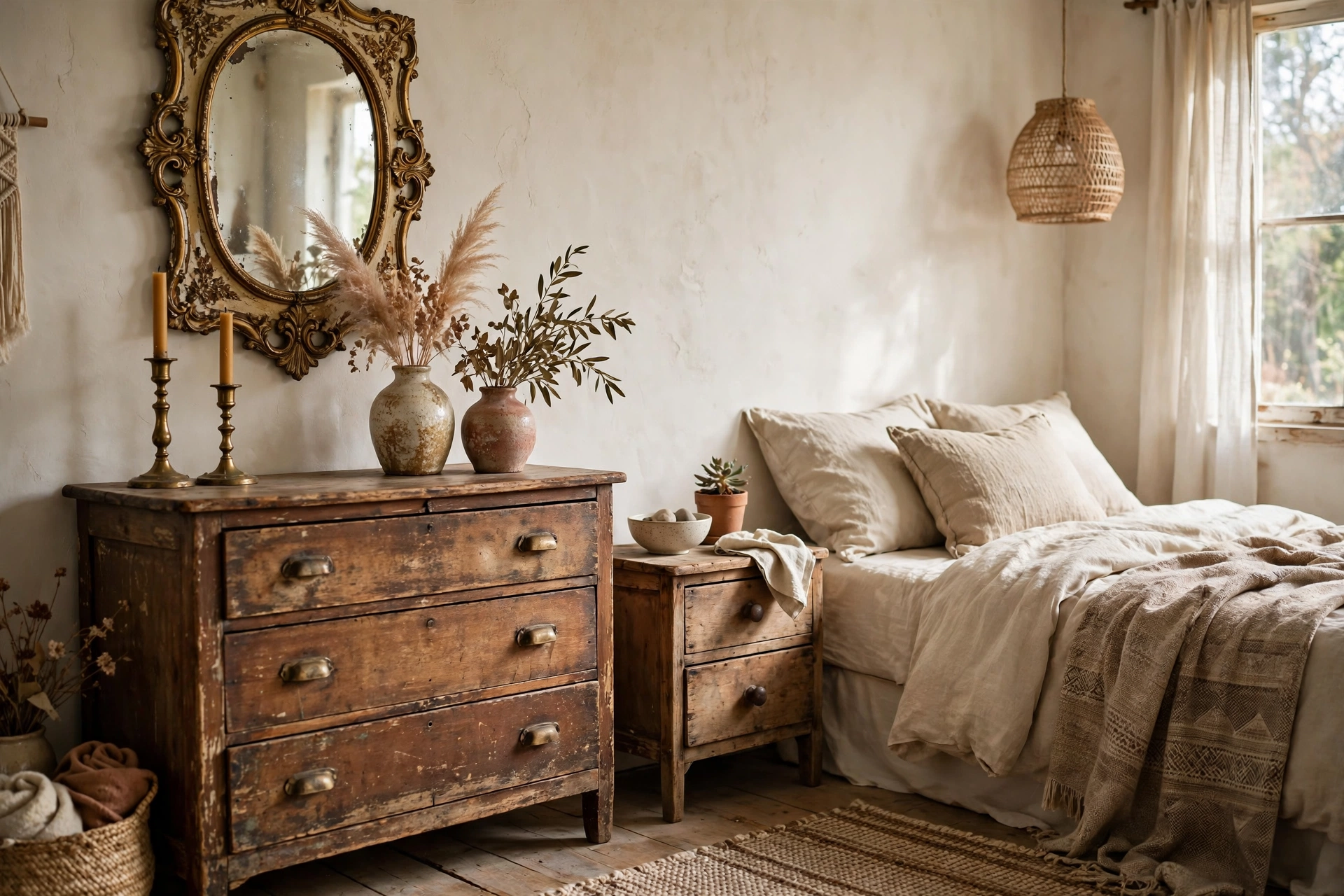 Vintage wooden dresser with brass and ceramics in a boho bedroom