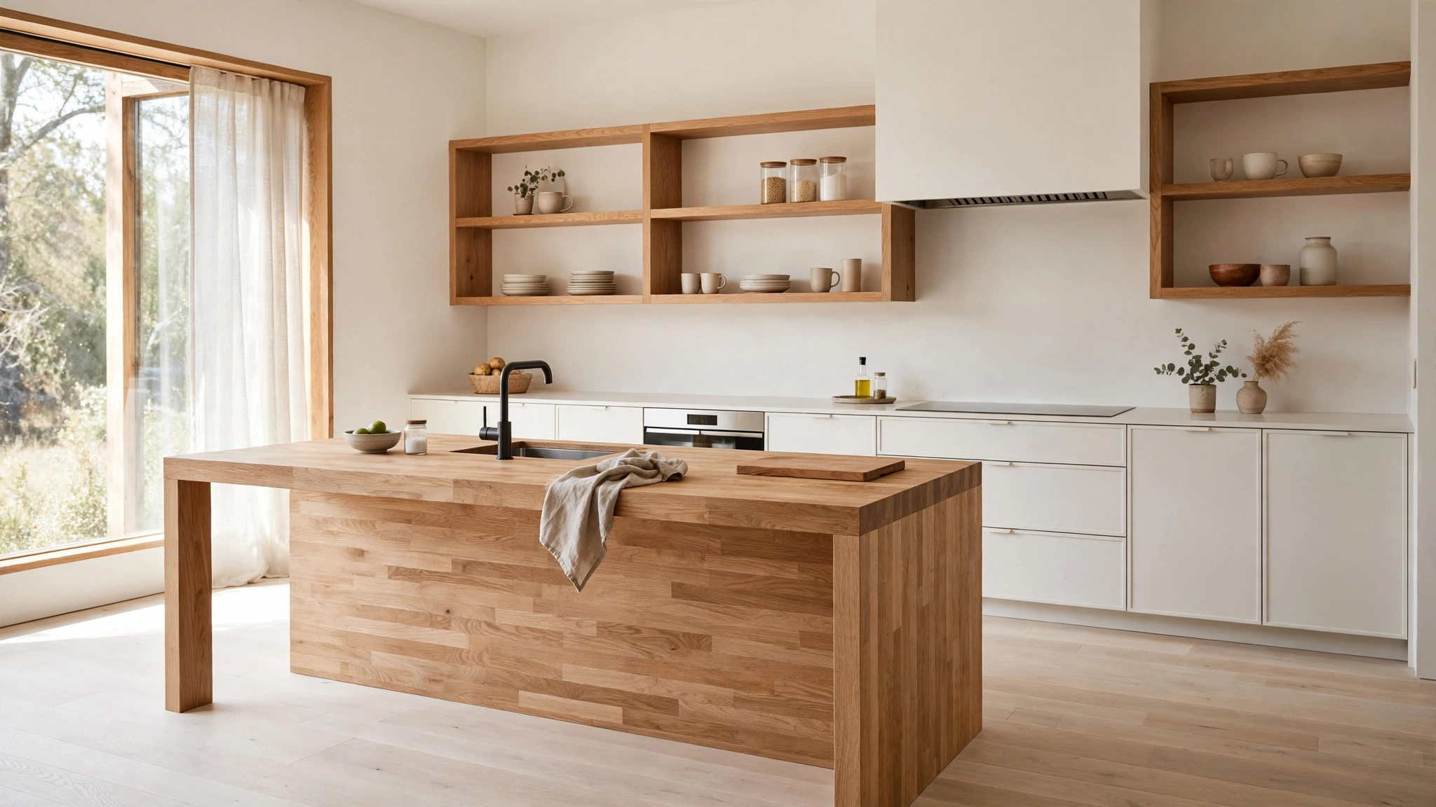 Minimalist kitchen design ideas warmed with white oak floors and butcher-block island