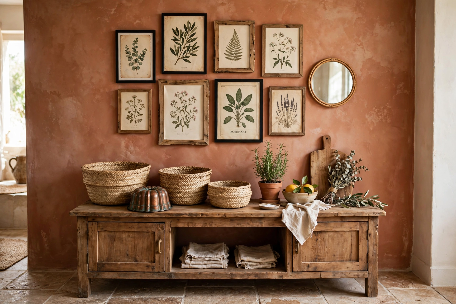 Boho kitchen design ideas with an eclectic gallery wall of botanical prints, woven baskets and a copper mold