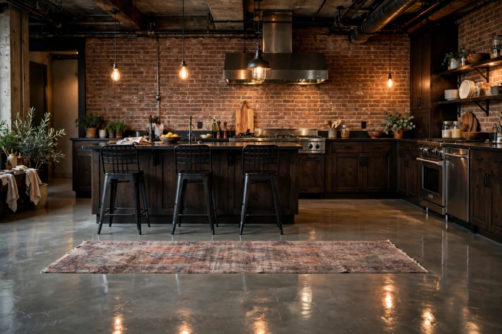 Industrial kitchen design ideas with polished concrete floors, dark cabinetry and a vintage runner rug