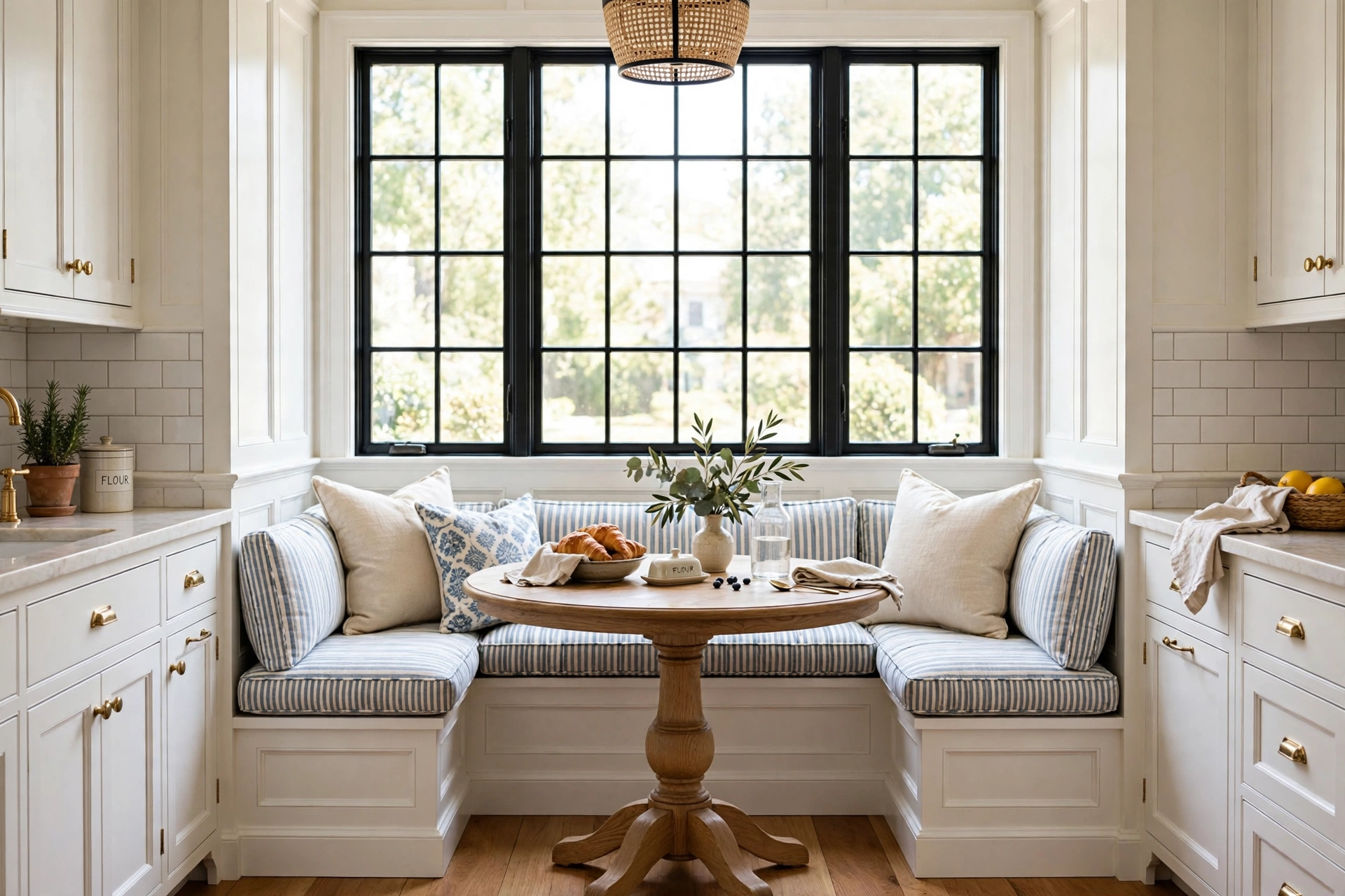 Traditional kitchen design ideas with a built-in banquette breakfast nook under a window with striped cushions