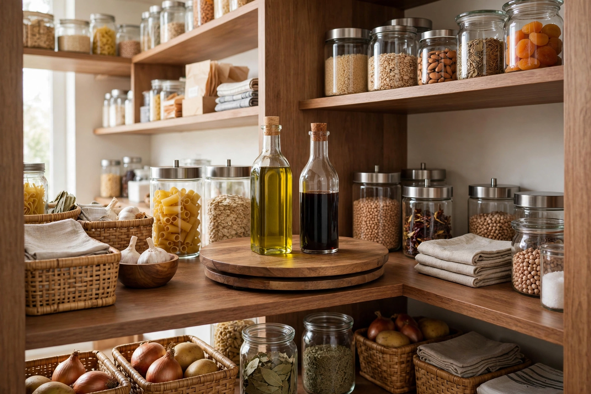 Turntable lazy Susan with oils and condiments on a deep pantry shelf