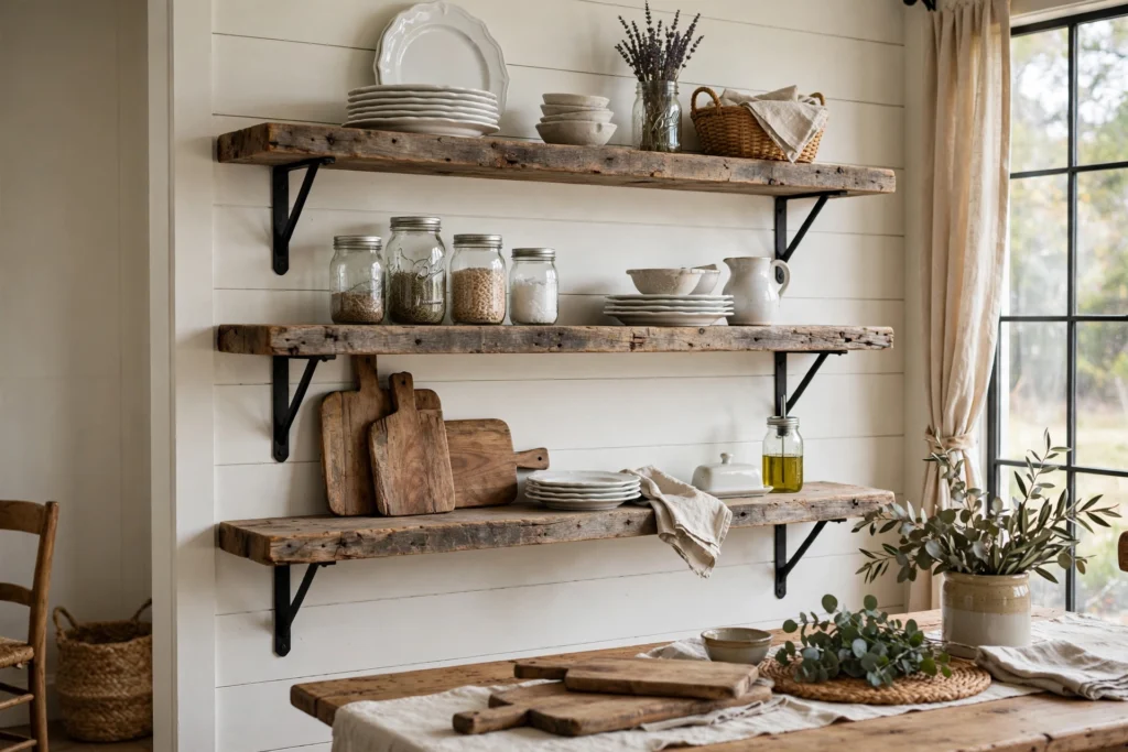 Reclaimed wood open shelves displaying white dishes and mason jars in a farmhouse dining room