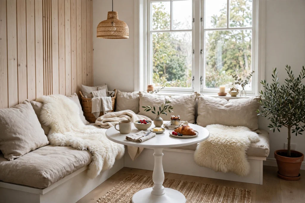 Cozy breakfast nook with bench seating, linen cushions and sheepskins in a Scandinavian dining corner
