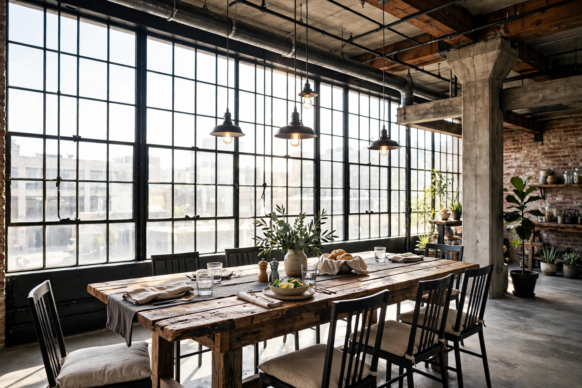 Black steel grid window frames bringing factory style to an industrial dining room