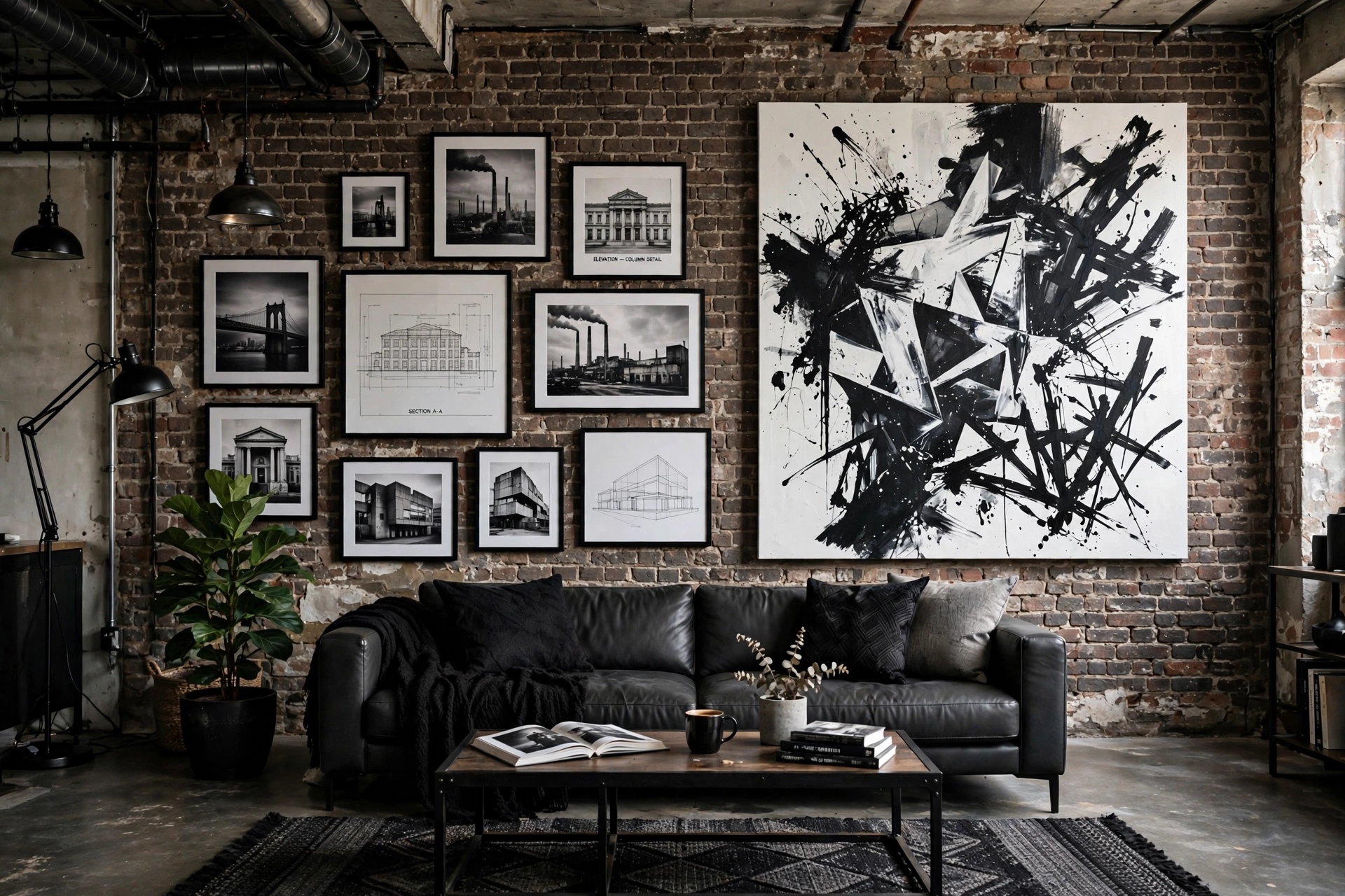 Gallery wall of black and white photography in black frames on a brick wall