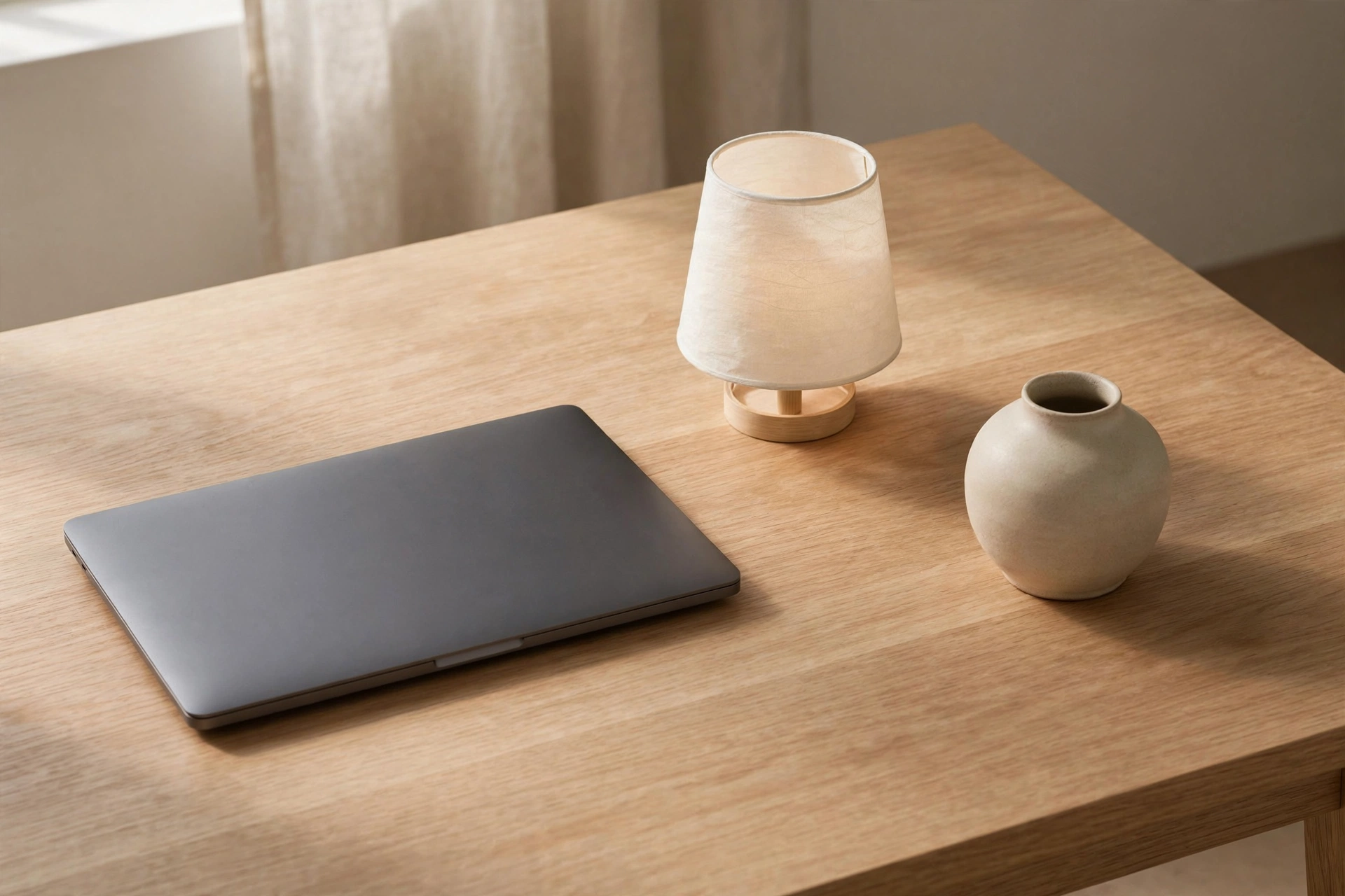 Clear minimalist wooden desktop with only laptop, paper lamp and ceramic object