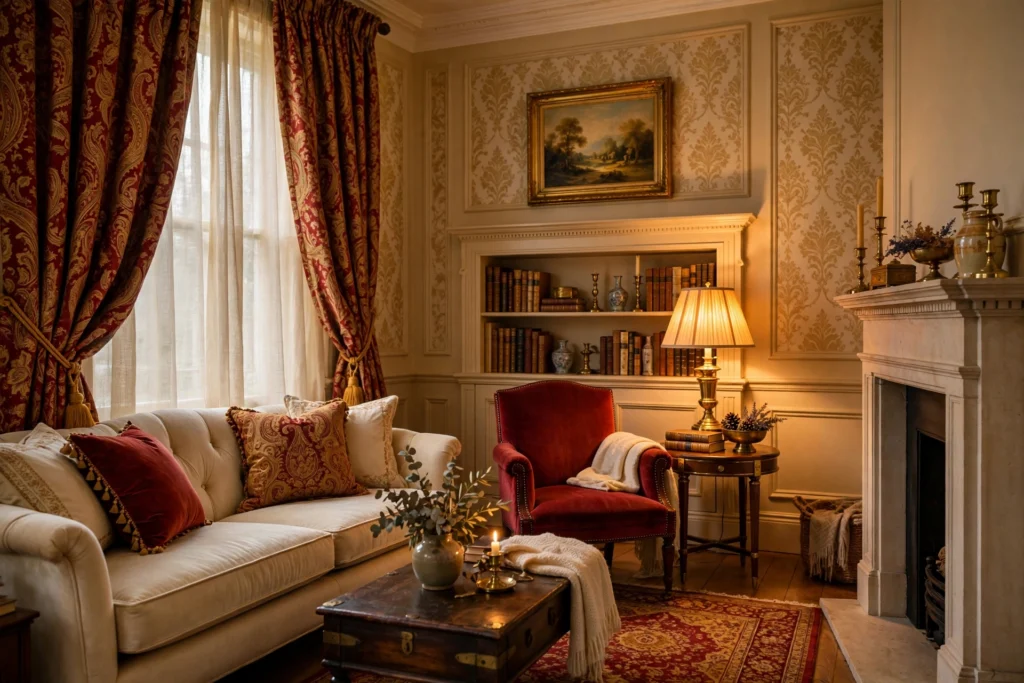 Traditional living room design ideas with a refined warm color palette of creams and deep reds
