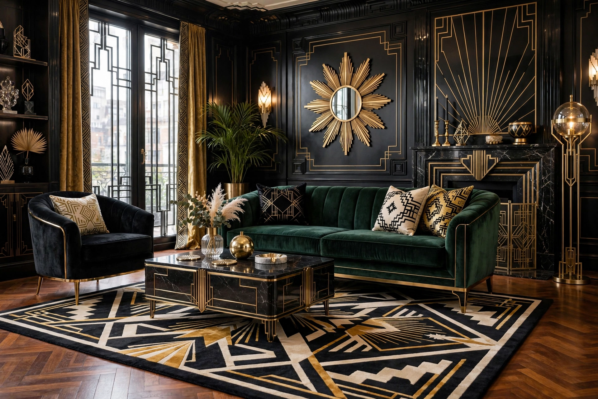 Art deco living room design ideas with a bold geometric rug in black, cream and gold